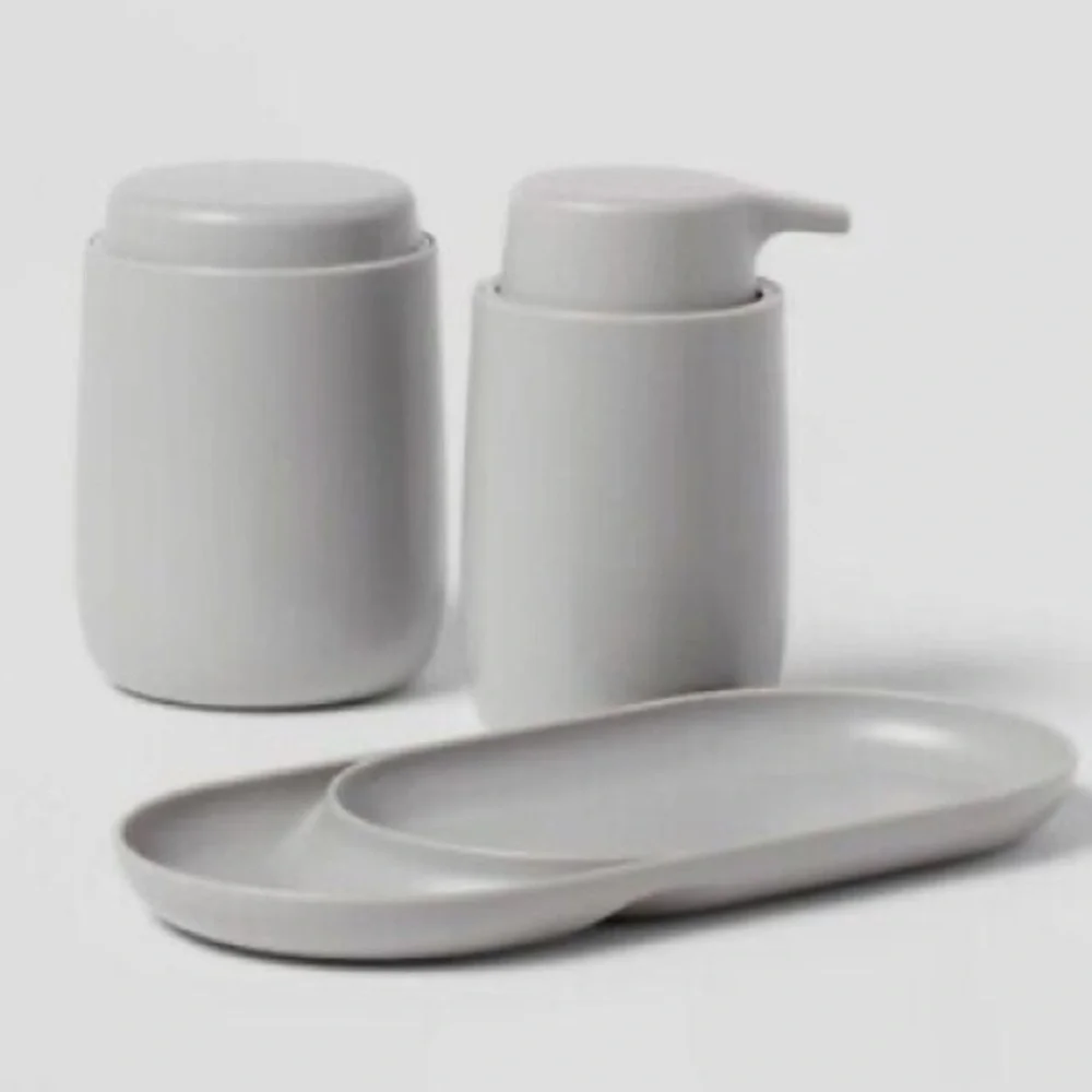 NWT 3pc Gray Bath Bundle Set Soap Tray & Pump & Canister - Room Essentials